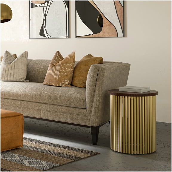 Demy Round Accent Table with Gold Metal Base, Solid Mango Wood Top for Living Room, Bedroom, or Office