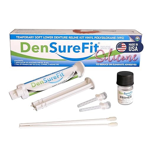 DenSurefit Lower Denture Reline Kit, 3-6 Month Soft Silicone Dentures Repair Set to Refit, Improve and Tighten, Easy to Use Reline Set with Larger Primer and Applicators for Comfortable Fit
