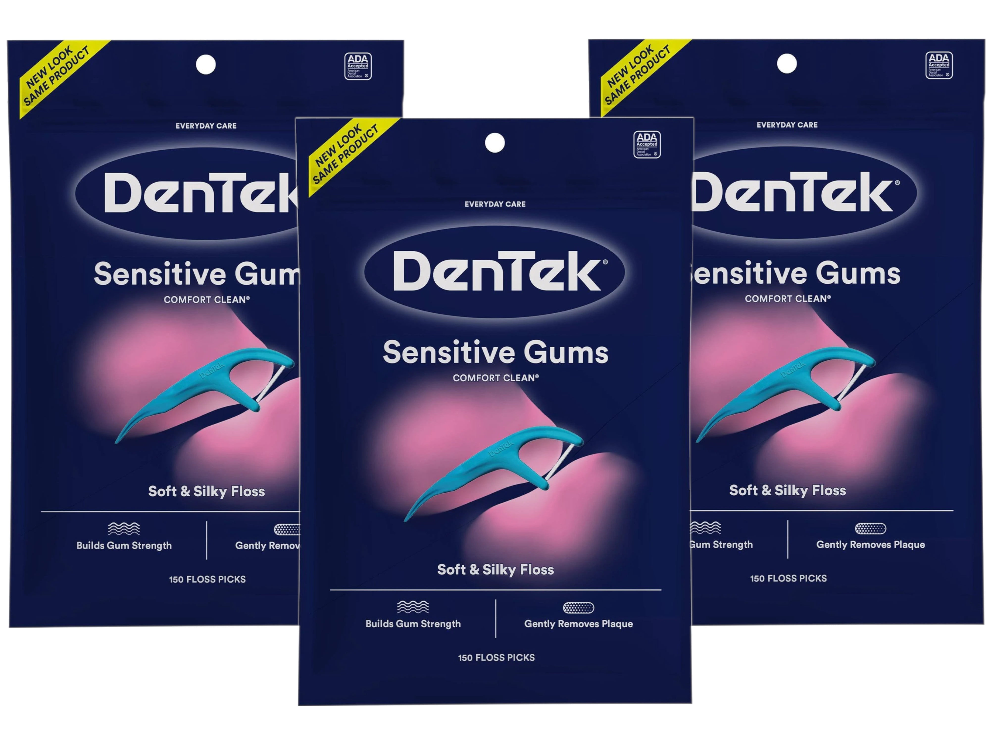 DenTek Comfort Clean Sensitive Gums Floss Picks, Soft & Silky Ribbon, 150 Count, - 3 Pack