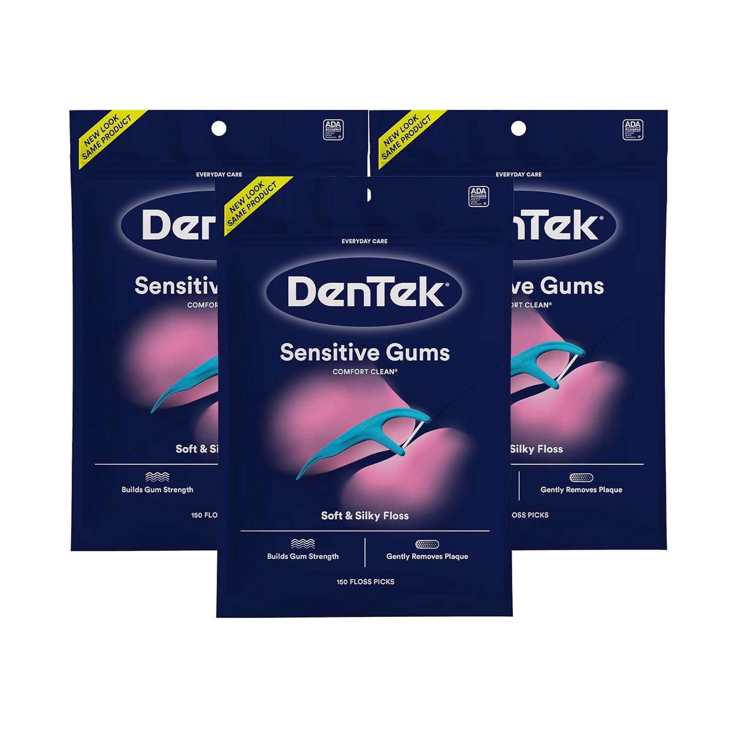 DenTek Comfort Clean Sensitive Gums Floss Picks, Soft & Silky Ribbon, 150 Count, - 3 Pack