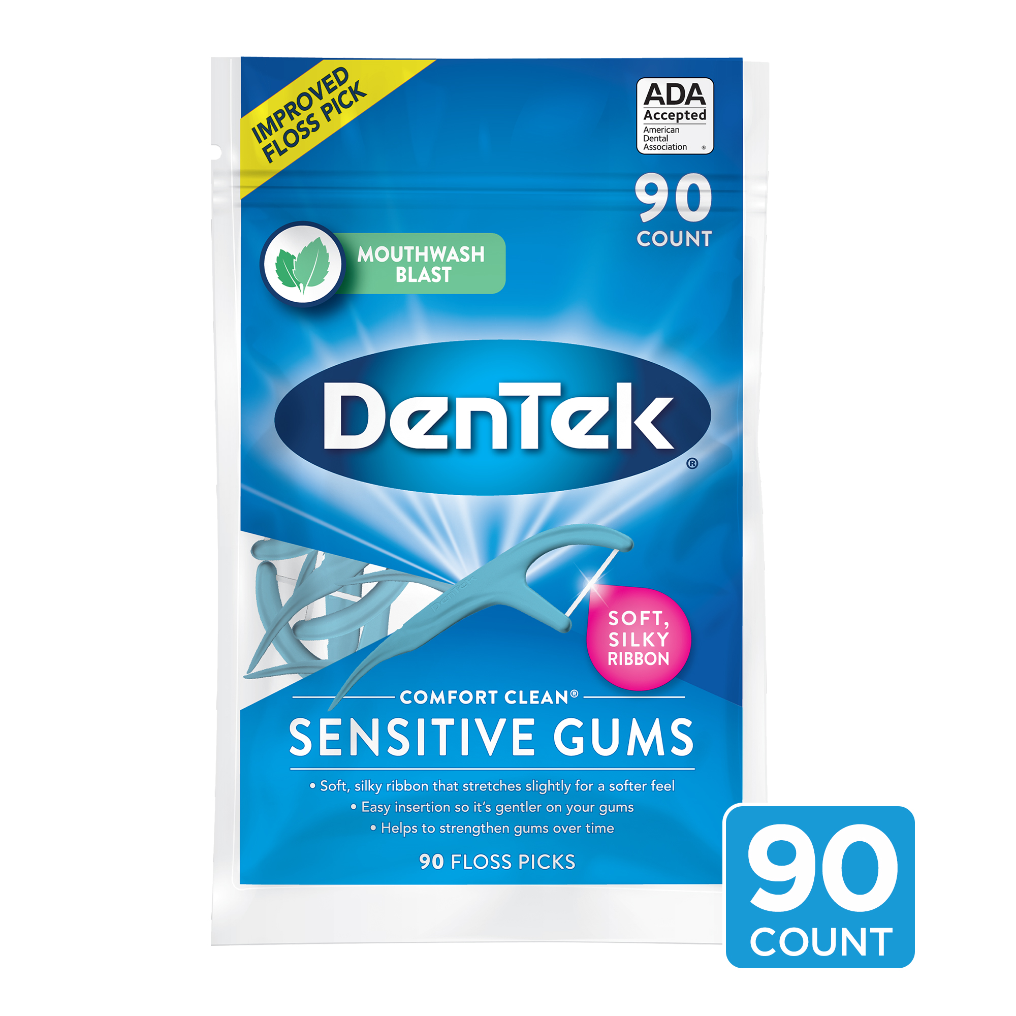 DenTek Comfort Clean Sensitive Gums Floss Picks, Soft & Silky Ribbon, 90 Count - image 1 of 7