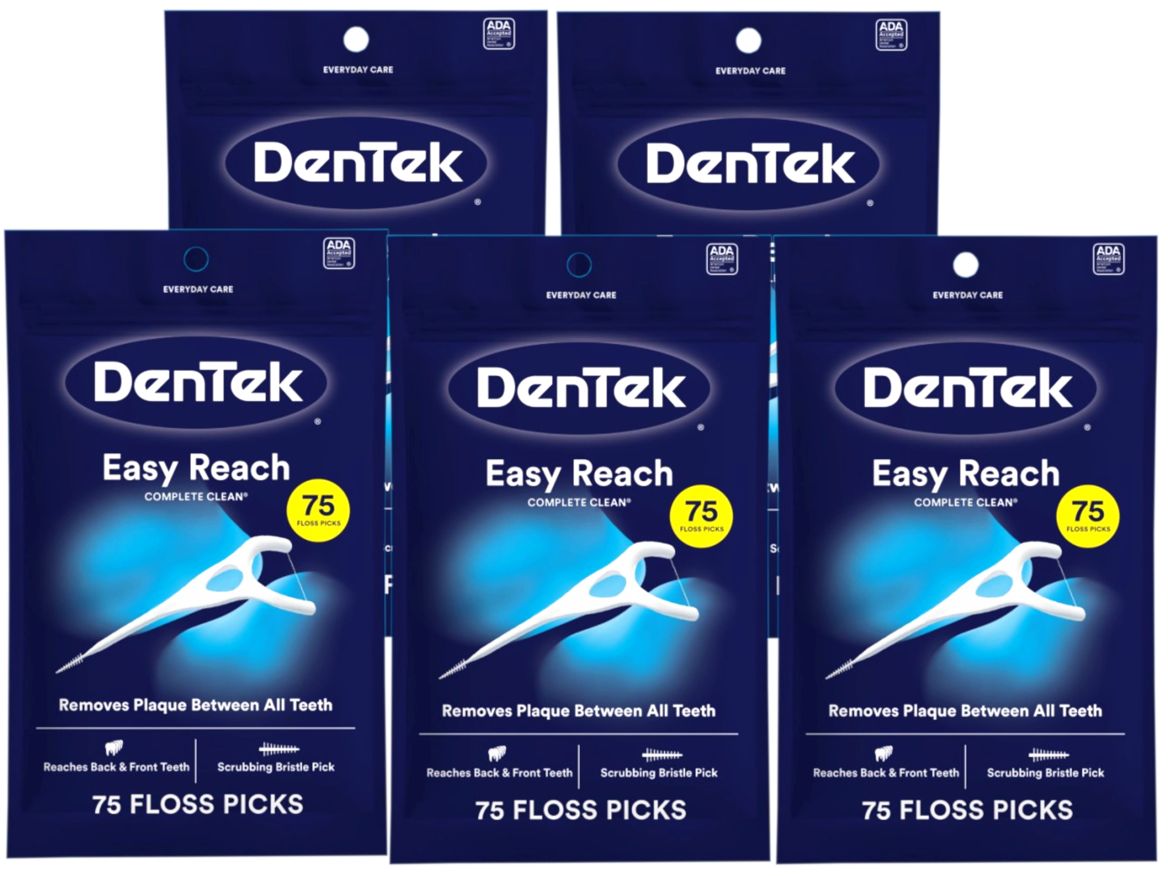 DenTek Complete Clean, Fresh Mint, Easy Reach Angled Floss Picks, No Break & No Shred Floss, 75 Each (Pack of 5)