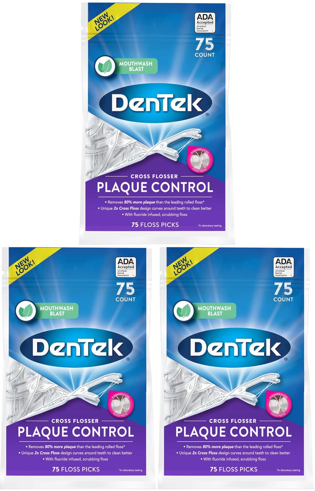 DenTek Cross Flosser Floss Picks, X-Shaped Floss Hugs Teeth, 75 Count, 3 Pack