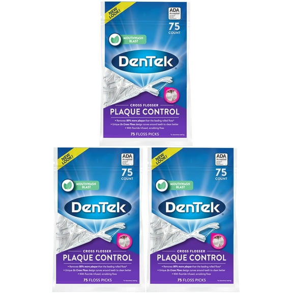 DenTek Cross Flosser Floss Picks, X-Shaped Floss Hugs Teeth, 75 Count, 3 Pack