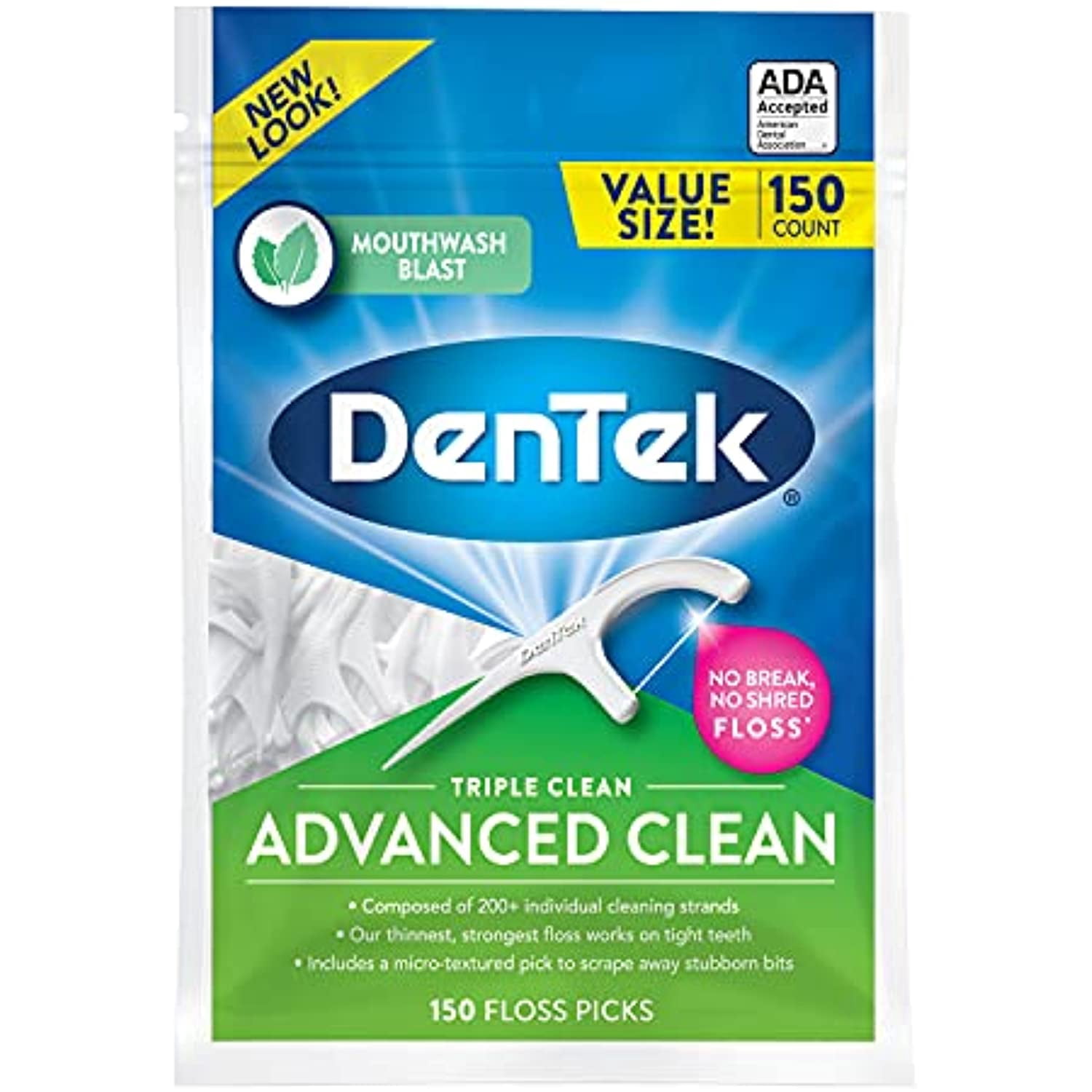 DenTek Advanced Clean Triple Clean Floss Picks, Removes Plaque & Bacteria, No Break No Shred, Micro-Textured Pick, 150 Count