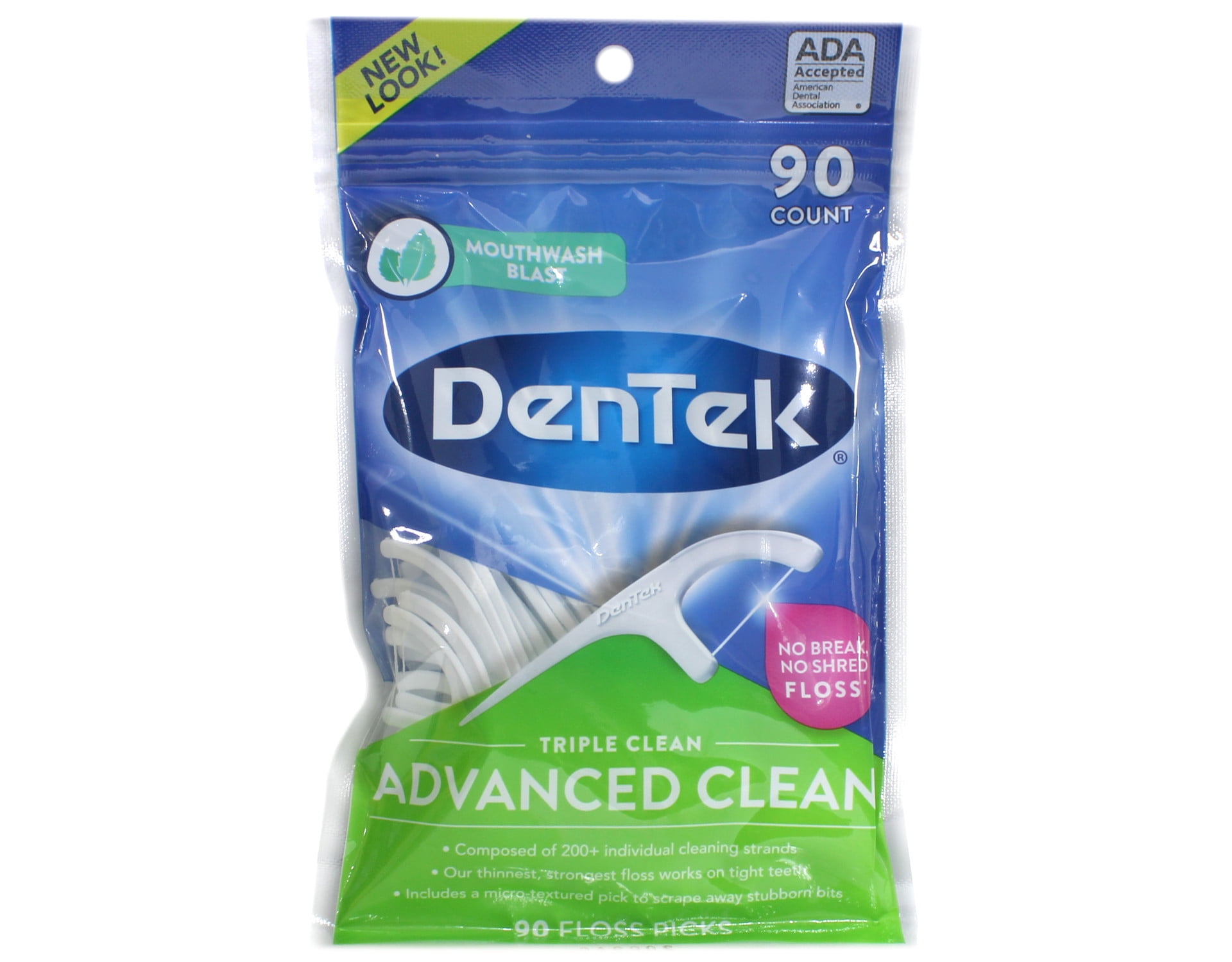 DenTek Triple Clean Advanced Clean Floss Picks, No Break & No Shred Floss, 90 Count