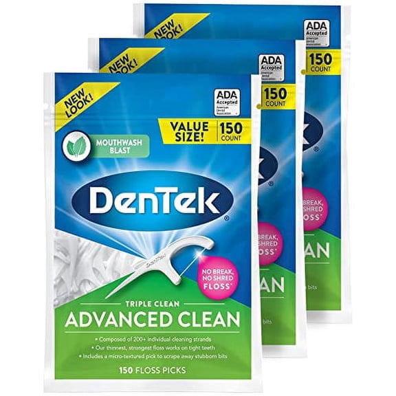 DenTek Advanced Clean Triple Clean Floss Picks, Removes Plaque & Bacteria, No Break No Shred, Micro-Textured Pick, 150 Count (Pack of 3)