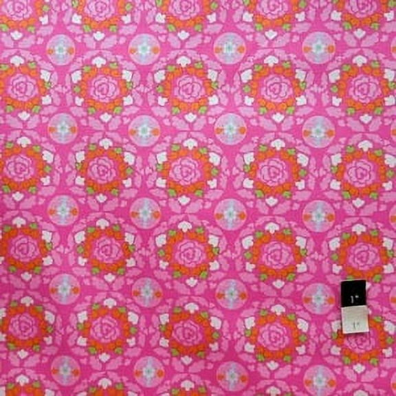 Dena Designs LIDF001 Sunshine Circle Pink Linen/ Cotton Blend Fabric By Yard