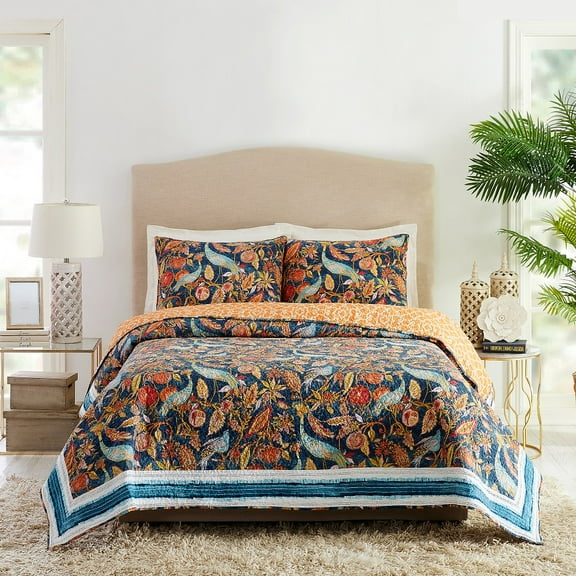 Dena Home Blue Peacock Garden 3-Piece Quilt Set, Full/Queen