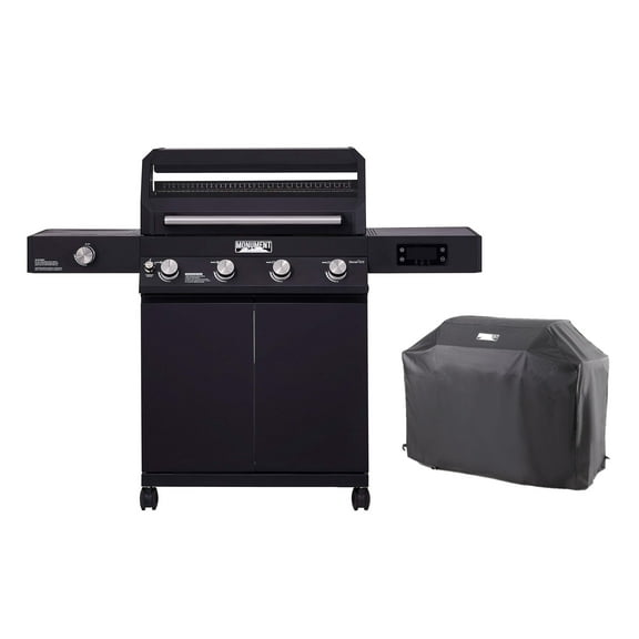 Denali 4-Burner Propane Gas Grill in Black with Clearview Lid, 3-Phase LED Controls, Grill Cover, and Side Burner
