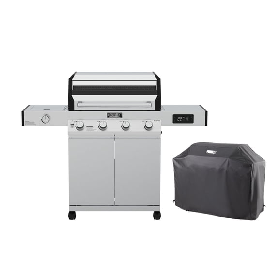 Denali 4-Burner Propane Gas Grill in Stainless with Clearview Lid, 3-Phase LED Controls, Grill Cover, and Side Burner