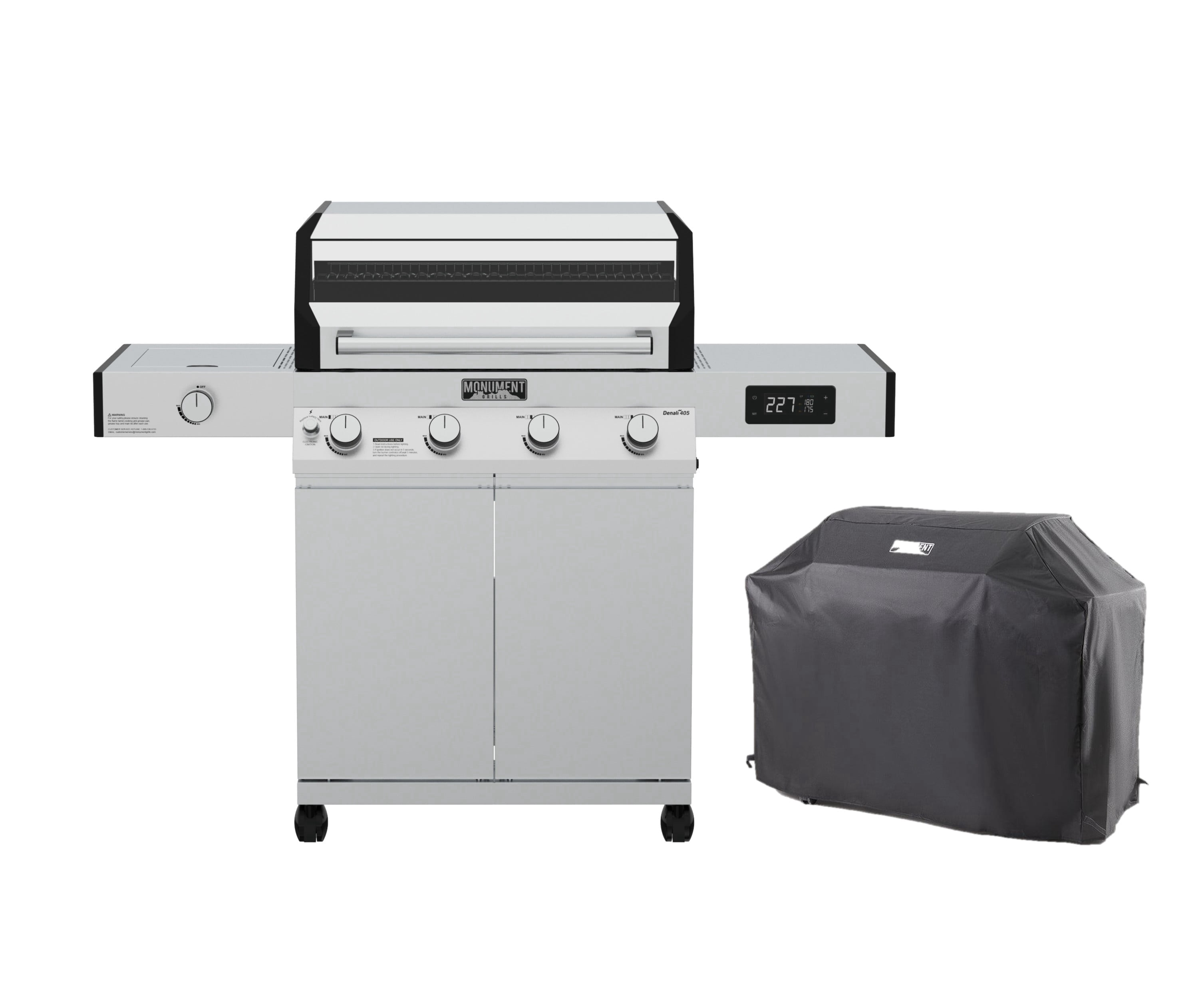 Denali 4-Burner Propane Gas Grill in Stainless with Clearview Lid, 3-Phase LED Controls, Grill Cover, and Side Burner