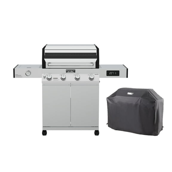 Denali 4-Burner Propane Gas Grill in Stainless with Clearview Lid, 3-Phase LED Controls, Grill Cover, and Side Burner