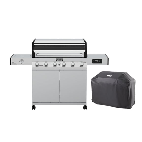 Denali 6-Burner Propane Gas Grill in Stainless with Clearview Lid, 3-Phase LED Controls, Side Burner, and Grill Cover
