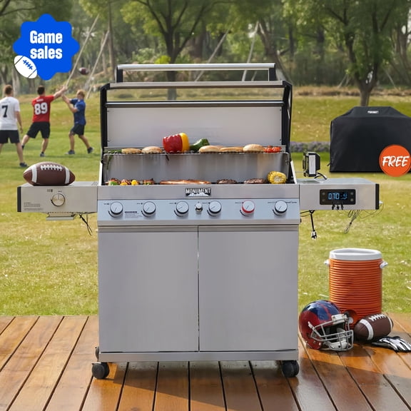 Monument Grills 6+1 Burner Smart Tech Propane Gas Grill for Outdoor Cooking , Denali 605Pro Stainless Steel Grill 78,000 BTU with Side Sear Burner, Smoker Box, Cover and Rotisserie Kit