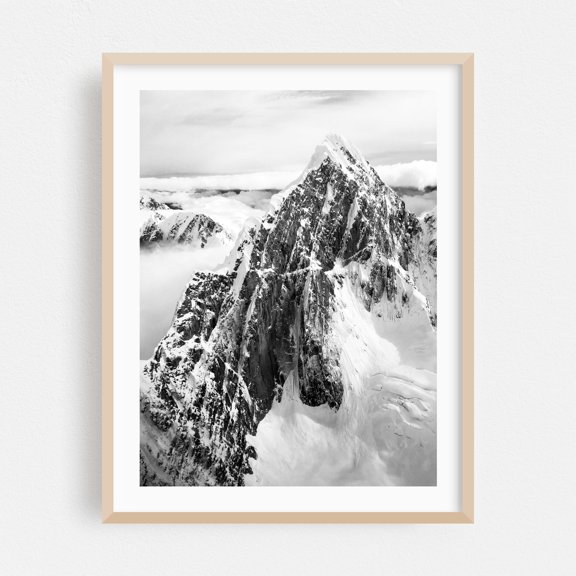 Denali - Alaska Photography Mountain Snow Black and White Nature Winter Scenic Wilderness Oak Framed Wall Art Print 18 x 24 inches