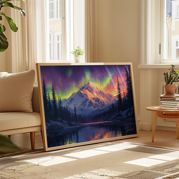Denali Aurora Borealis Horizontal Travel Print Alaska Mountain Landscape Art