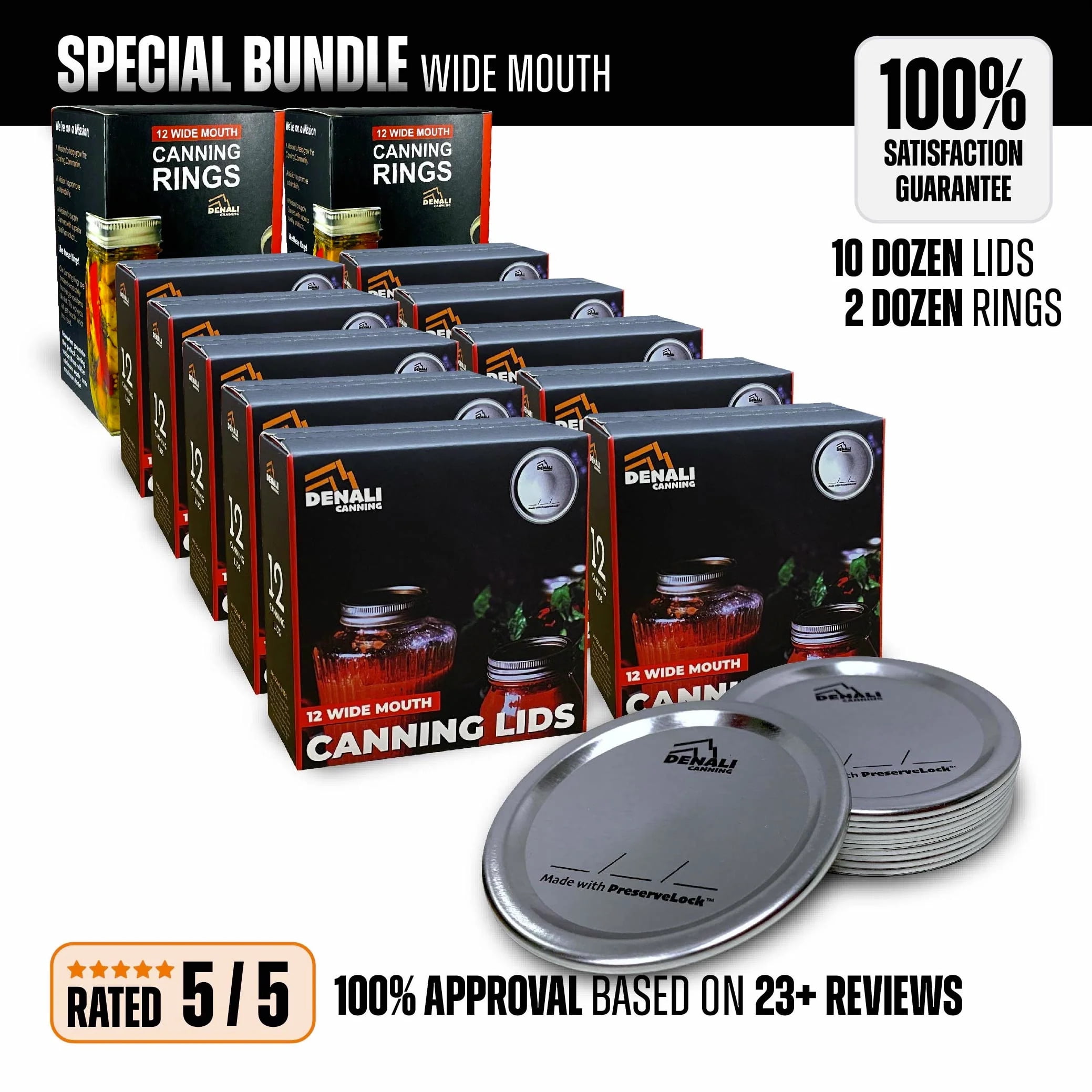 Denali Canning Lids and Rings | 10 Wide Lid 12-Packs | 2 Wide Ring 12-Packs | Buckle Resistant Lids | Premium Steel Bands | Fits Traditional Mason Jars, Ball or Kerr | Denali is a USA Company