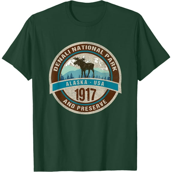 Denali National Park Alaska 1917 Vintage Moose Mountains Novelty Unisex T-Shirt for Men Women Kids Toddler ,Forest Green Color,Size 4XL