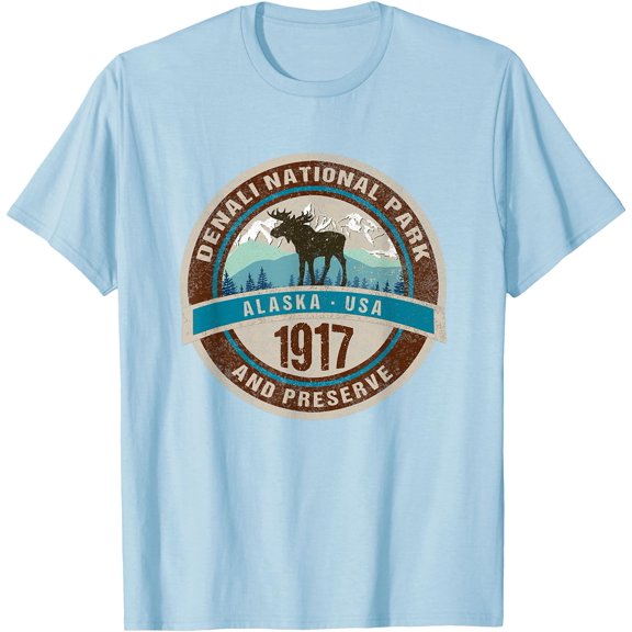Denali National Park Alaska 1917 Vintage Moose Mountains Novelty Unisex T-Shirt for Men Women Kids Toddler ,Light Blue Color,Size 3T