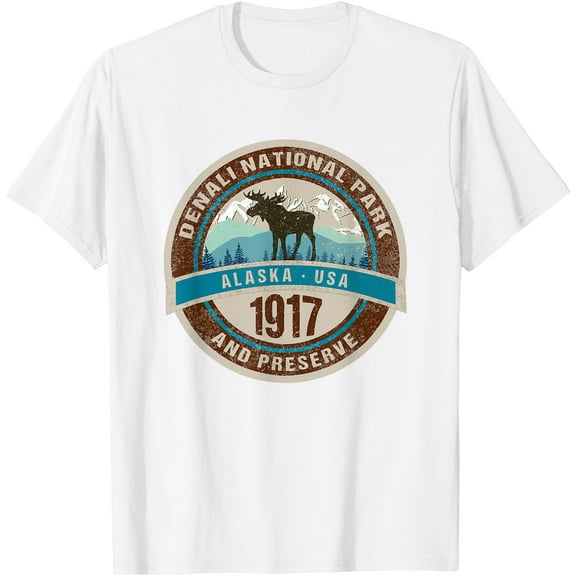 Denali National Park Alaska 1917 Vintage Moose Mountains Novelty Unisex T-Shirt for Men Women Kids Toddler ,White Color,Size M