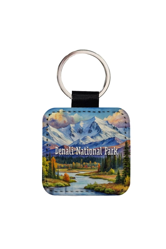 Denali National Park Alaska Faux Leather Square Keychain