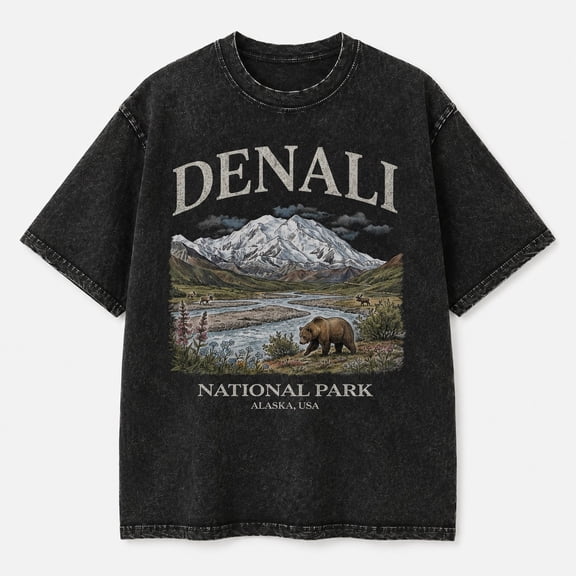 Denali National Park Alaska Washed T-Shirt, Unisex Mineral Wash Cotton Tee