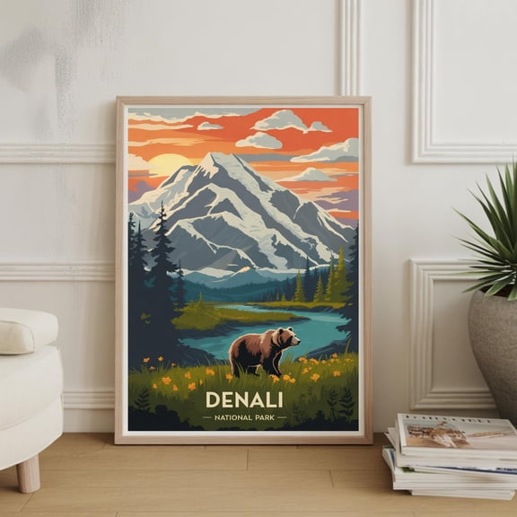 Denali National Park Poster: Vintage Alaska Travel Art, Bear Landscape , Poster Print Only