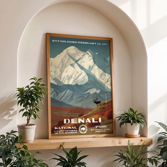 Denali National Park Poster WPA Style - Retro Alaska Travel Art, Vintage Nature Decor - 8x12 UNFRAMED