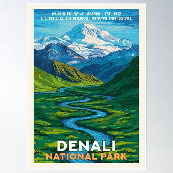 Denali National Park, Vintage Travel Poster Wall Art, Modern Wall Decor, 12x18 UNFRAMED