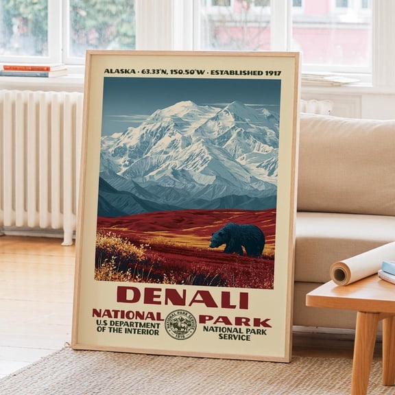 Denali National Park Vintage WPA Nature Landscape Retro Travel Hiker Poster