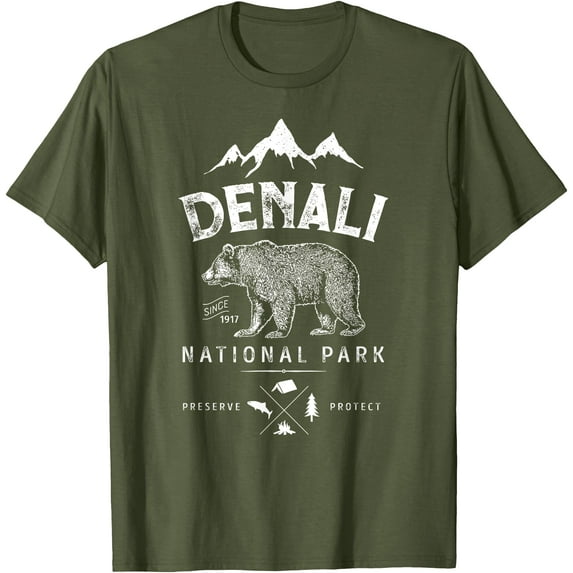 Denali National Park and Preserve US Alaska Vintage Unisex T-Shirt for Men Women Kids Toddler,Military Green Color,Size YXS