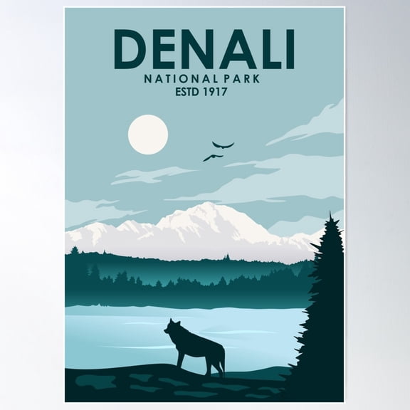 Denali National Park print vintage minimalistic travel and tourism art poster Poster, 24x36 UNFRAMED