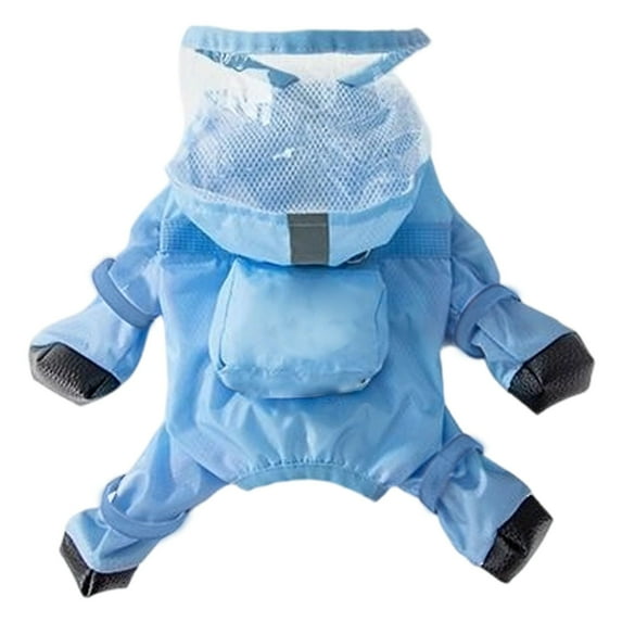 Denbek Dog Snow Suit with Boots, Waterproof Dog Raincoat with Hood for Small Dogs Rain Poncho Jumpsuit with Rain Boots Puppy Hooded Slicker Rainwear Four-Legged Pet Rain Jacket for Walking, Blue-L