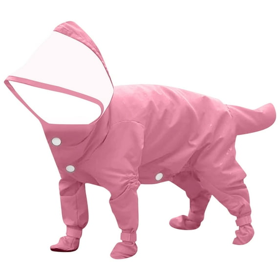 Denbek Dog Snow Suit with Boots, Waterproof Dog Raincoat with Hood for Small Dogs Rain Poncho Jumpsuit with Rain Boots Puppy Hooded Slicker Rainwear Four-Legged Pet Rain Jacket for Walking, Pink-XL