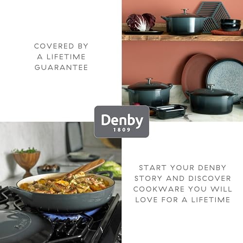 Denby - Halo Black Cast Iron Casserole Dish Shallow - Dutch Oven, Oven Safe Pot, Enamelled - 3.8L Capacity, 11.8in - Serves 4-6 People