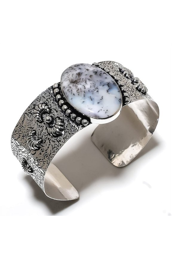 Dendrite Opal Gemstone Handmade 925 Sterling Silver Cuff Bangle Adjustable
