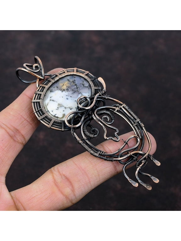 Dendrite Opal Gemstone Jewelry Copper Friend Gift Wire Wrapped Pendant 3.94"