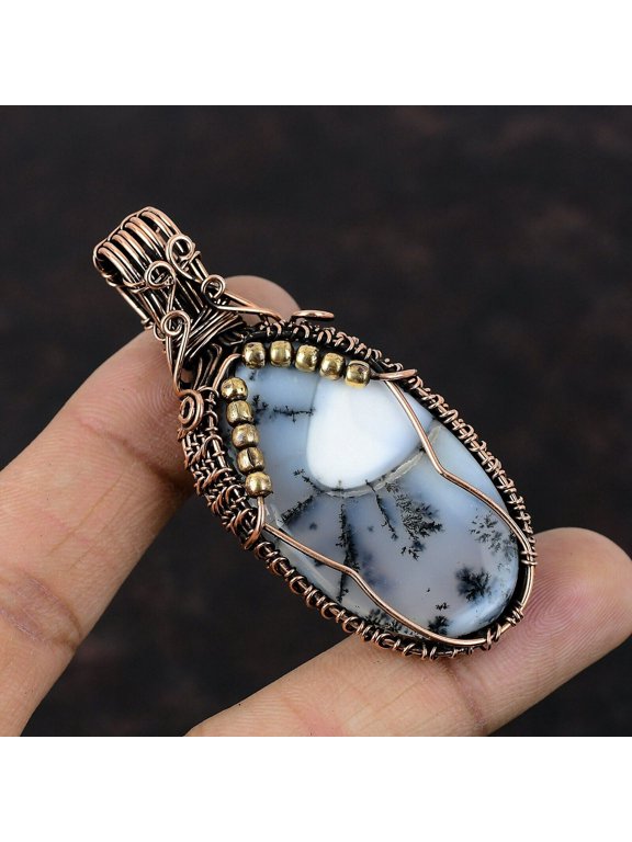 Dendrite Opal Gemstone Jewelry Copper Love Gift Wire Wrapped Pendant 2.68"