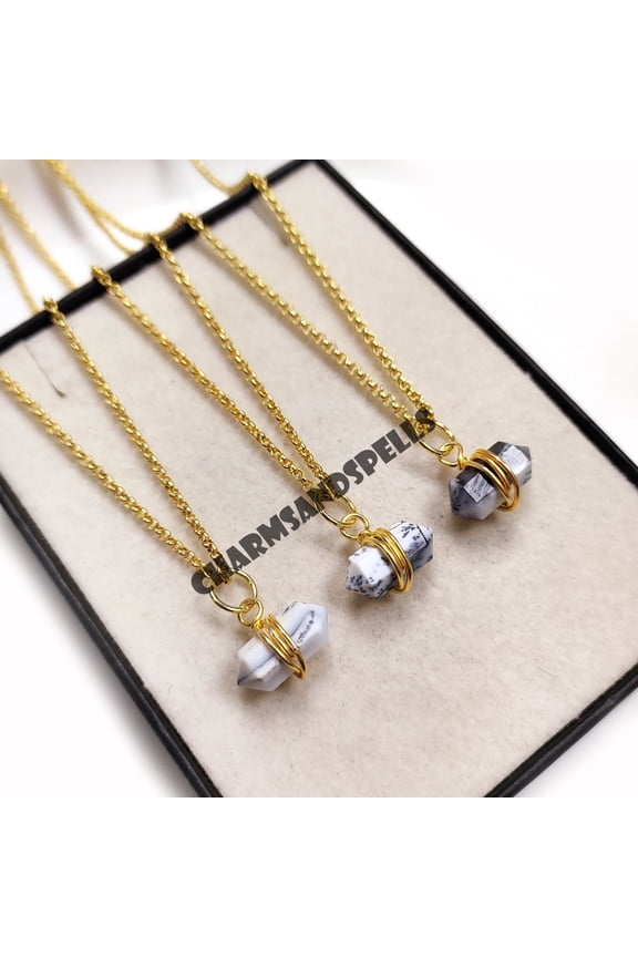 Dendrite Opal Pencil Necklace, 14K Gold Plated Necklace, Wire Wrapped Necklace, Double Terminated Pencil, Gifts for her, Modern Necklace