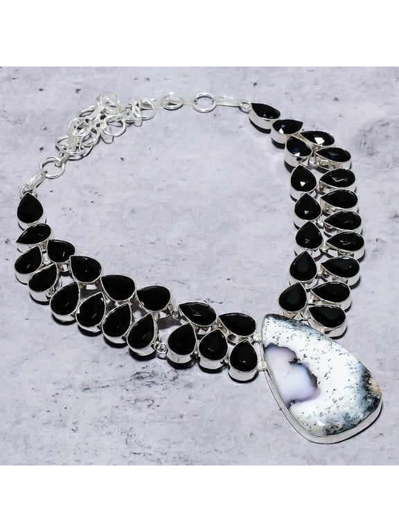Natural Dendrite Opal, Spinel Gemstone 925 Sterling Silver Necklace 18"