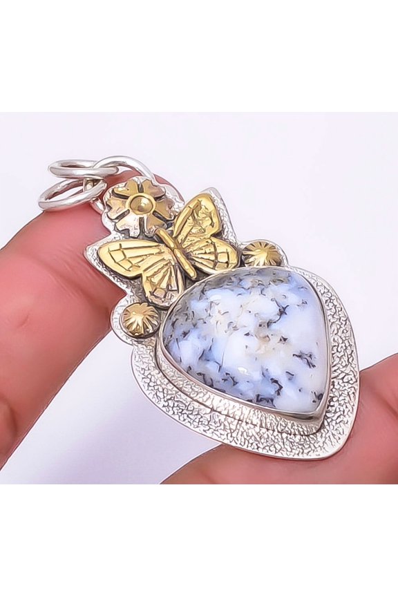 Dendritic Agate 925 Sterling Silver Butterfly Pendant 2.07" P891628, Christmas