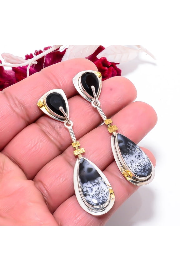 Dendritic Agate - Brazil & Black Onyx 925 Sterling Silver Two Tone Earring 2.34" E83917, Christmas Gift