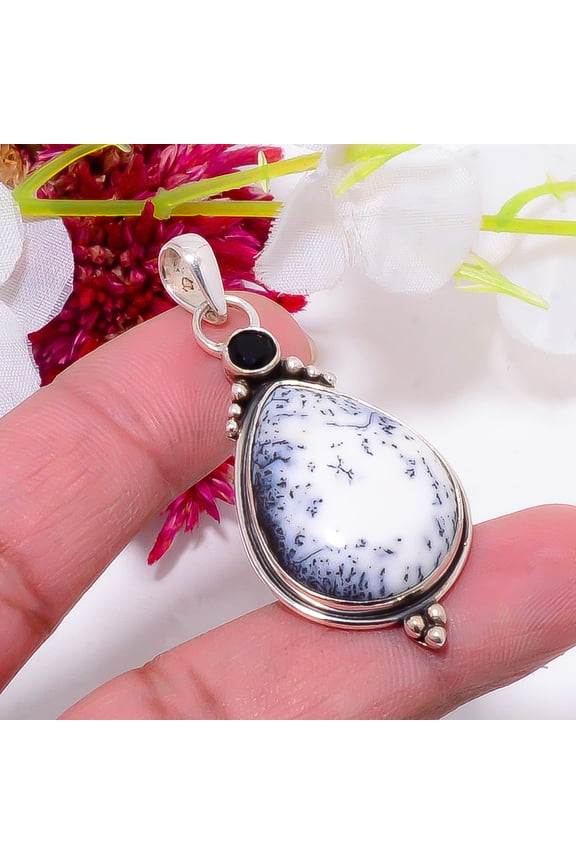 Dendritic Agate - Brazil & Black Onyx Designer Handmade 925 Sterling Silver Pendant 2.03" Sku8, White Pendant, Natural Gemstone Pendant
