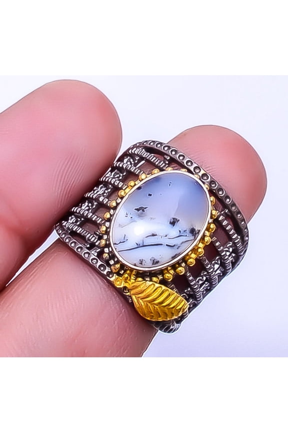 Dendritic Agate - Brazil Black Rhodium Handmade 925 Sterling Silver Ring S.7 R43