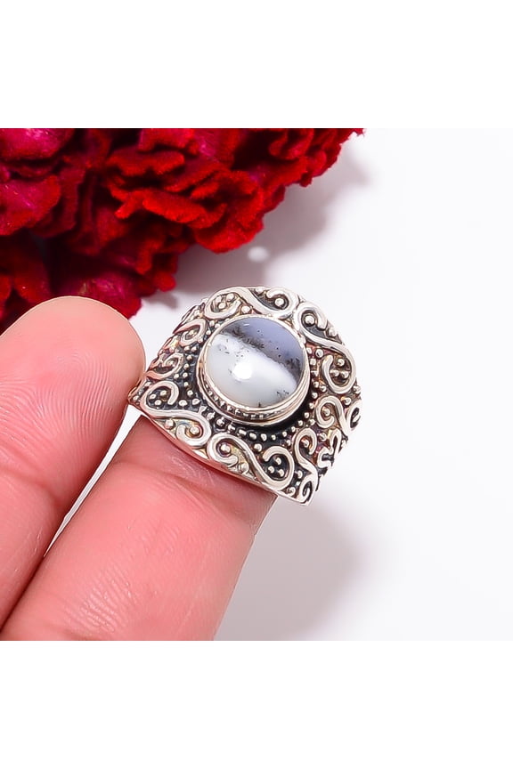Dendritic Agate - Brazil Designer Handmade 925 Sterling Silver Ring S.7 R98344, Christmas Gift