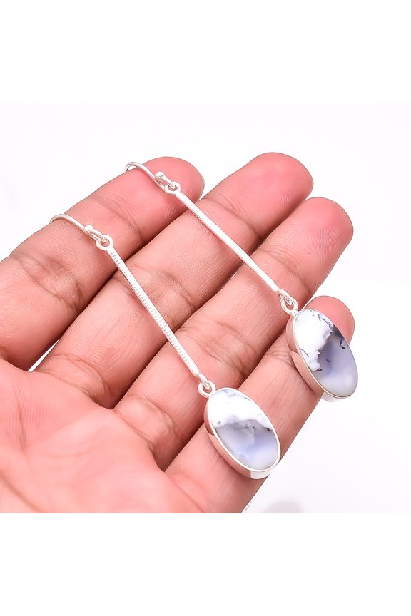 Dendritic Agate - Brazil Gemstone 925 Sterling Silver Earring 2.93" Sku10, White Earring, Natural Gemstone Earring