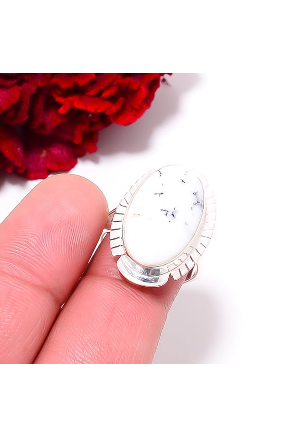 Dendritic Agate - Brazil Gemstone 925 Sterling Silver Ring S.8 R98123, Christmas Gift