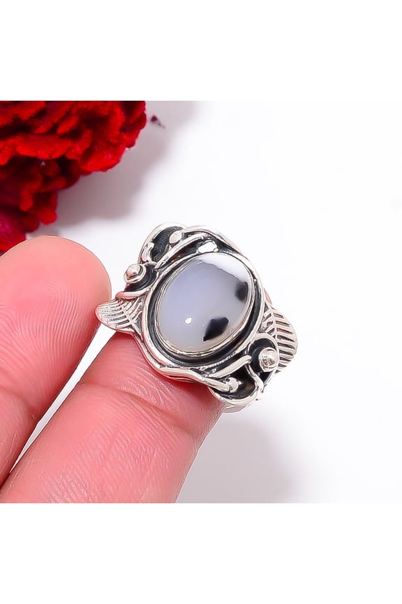 Dendritic Agate - Brazil Handmade Oxidised 925 Sterling Silver Ring S.7 R9796, Christmas Gift