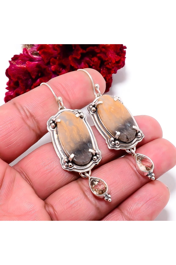 Dendritic Agate - Brazil & Morganite 925 Sterling Silver Earring 2.50" E98755, Christmas Gift